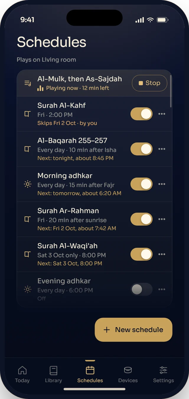 Schedules in the Hey Zane app: Quran and adhkar planned for the week