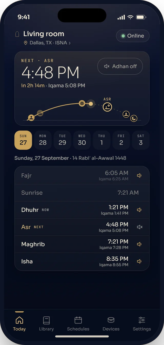 Today in the Hey Zane app: the next prayer, the iqama and every prayer time of the day