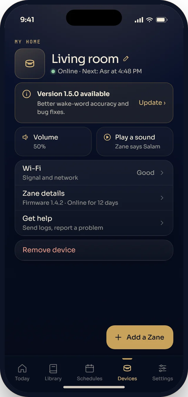 A Zane’s page in the Hey Zane app: updates, volume, Wi-Fi and help